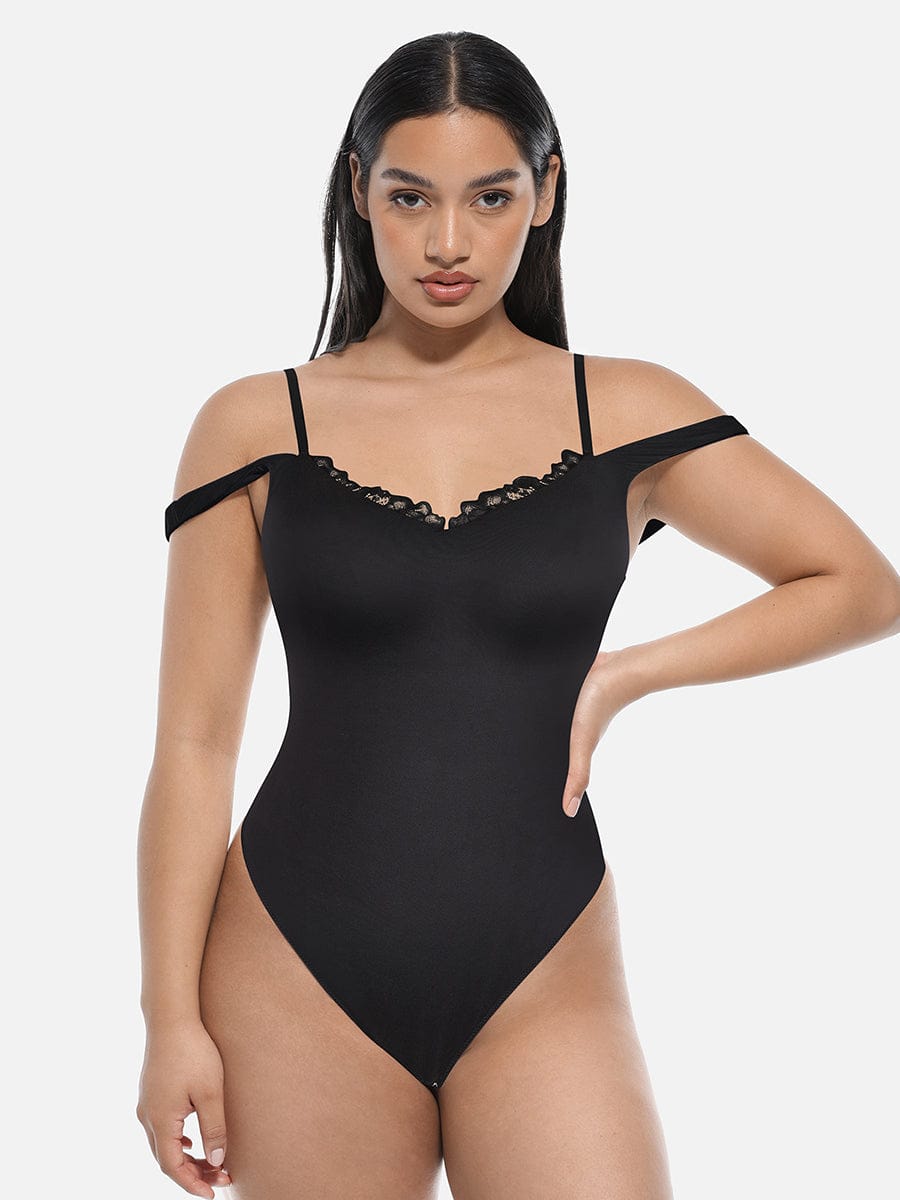 Wholesale Lace V-Neck T-Back Waist and Abdomen Shaping Thong Bodysuit.
