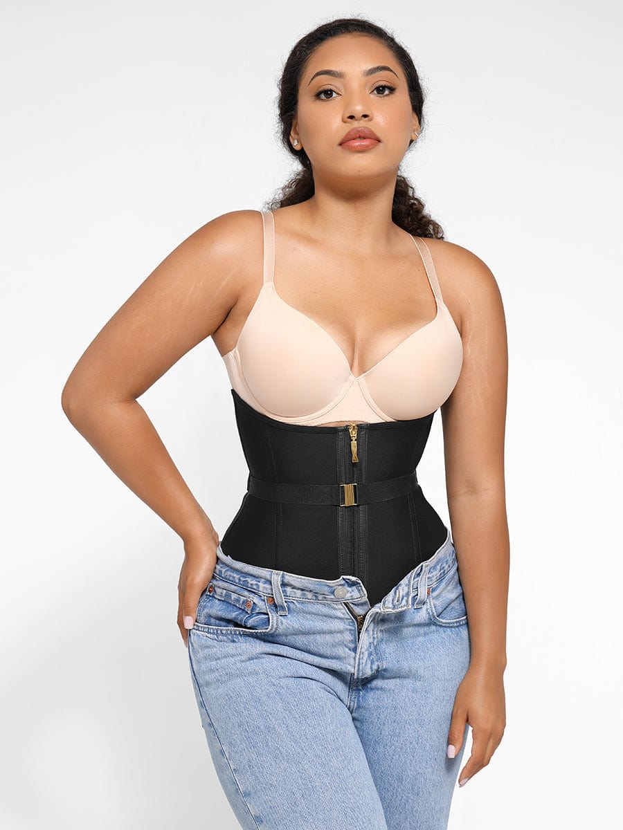 Wholesale U-Shaped 10 Steel Bones Latex Waist Trainer with Fan Lacing and Front Buckle Adjustment